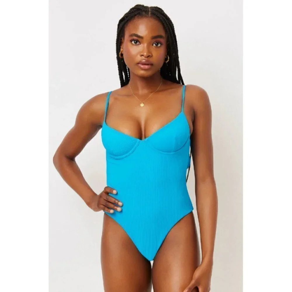 💕FRANKIE'S BIKINIS💕 Marie Ribbed Underwire Swimsuit ~ Ocean Blue Large L NWT